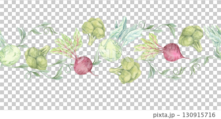 Beetroot, broccoli, and kohlrabi in watercolor illustration style, arranged in a seamless pattern border. Clipart Ideal for eco packaging trims, cookbook graphics, or menu dividers Beetroot, broccoli, and kohlrabi in watercolor illustration style, arranged in a seamless pattern border. Clipart Ideal for eco packaging trims, cookbook graphics, or menu dividers 130915716