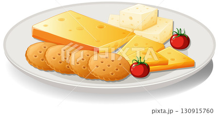 Cheese, Crackers, and Cherry Tomatoes on White Plate 130915760