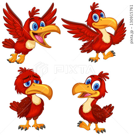 Cartoon Red Bird Character with Multiple Expressions and Poses 130915761