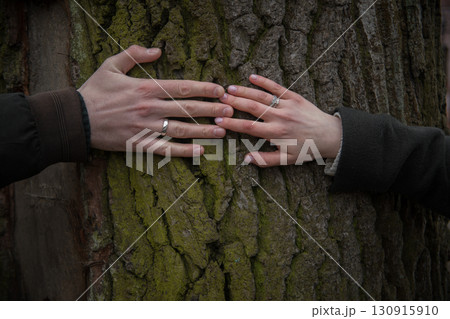 Couple hands together on tree Couple hands together on tree 130915910