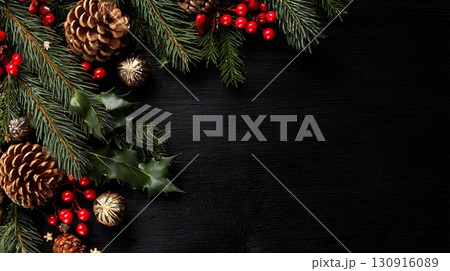 Christmas background features green pine branches, pinecones, red berries, gold ornaments on a dark wood surface. 130916089