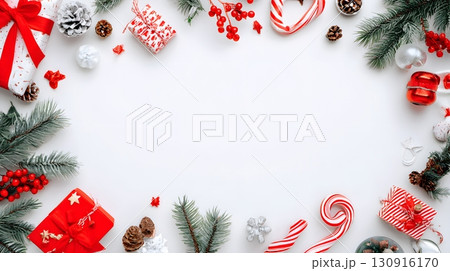 Festive Christmas background elements including fir branches, red berries, gifts, and candy canes beautifully frame white space. 130916170