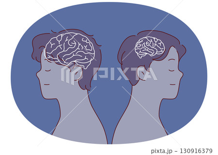 Stupid and smart man stand side by side, with silhouette of brain of different sizes. Stupid and smart man stand side by side, with silhouette of brain of different sizes. 130916379