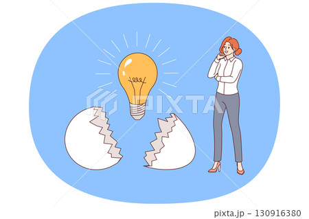 Business woman who has come up with new idea stands near light bulb that emerged from eggshell Business woman who has come up with new idea stands near light bulb that emerged from eggshell 130916380