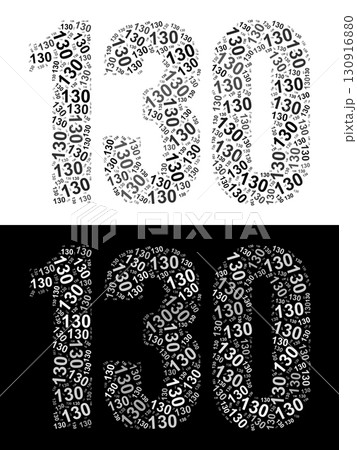 Typography illustration of 130 made from repeating numbers in black and white 130916880