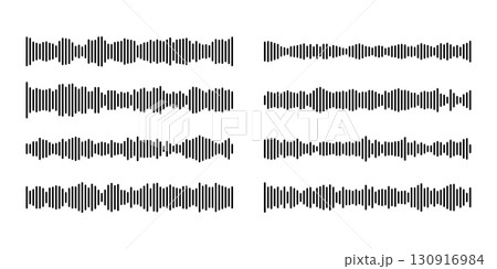 Podcast sound wave patterns with black vertical bars for audio visualization and recording interface. Digital frequency lines for music or voice display. Equalizer graphics for media player design. 130916984