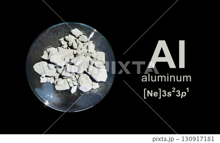 Aluminium powder in Chemical Watch Glass on black background with  symbol, name and electron configuration on the side. 130917181