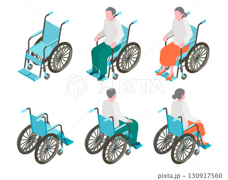 車椅子に乗った高齢者（男女・前後視点）のアイソメトリックイラストセット 130917560