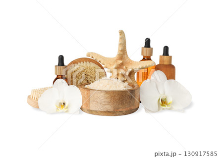 Spa essentials with floral decor for relaxation, on white, PNG 130917585