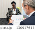 A businesswoman in a striped suit engage with a businessman reviewing an annual report. 130917614