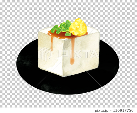 Tofu with chopped green onions, grated ginger and soy sauce. Hand-drawn watercolor illustration of Japanese cuisine. Tofu with chopped green onions, grated ginger and soy sauce. Hand-drawn watercolor illustration of Japanese cuisine. 130917750