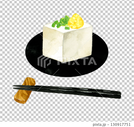 豆腐上撒上蔥花和薑末。手繪水彩畫,描繪日本料理。 豆腐上撒上蔥花和薑末。手繪水彩畫,描繪日本料理。 130917751