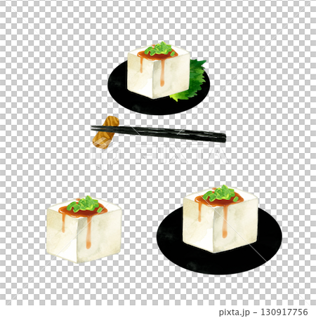 一組豆腐配蔥花和醬油。日本料理手繪水彩插圖集。 130917756