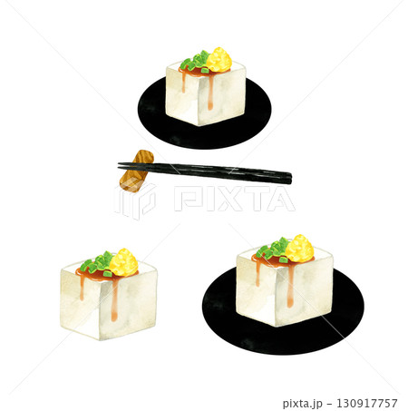 小口ねぎ＆おろし生姜と醤油をかけた豆腐のセット　和食・日本料理の手描き水彩イラスト素材集 130917757