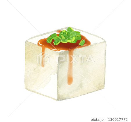小口ねぎと醤油をかけた豆腐　和食・日本料理の手描き水彩イラスト素材 130917772