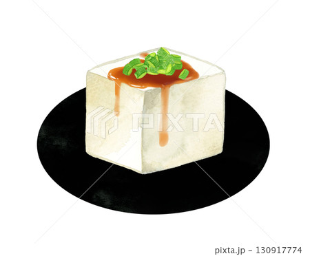 小口ねぎと醤油をかけた豆腐　和食・日本料理の手描き水彩イラスト素材 130917774