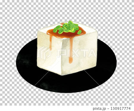 小口ねぎと醤油をかけた豆腐　和食・日本料理の手描き水彩イラスト素材 130917774