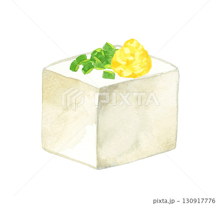小口ねぎ＆おろし生姜をかけた豆腐　和食・日本料理の手描き水彩イラスト素材 130917776