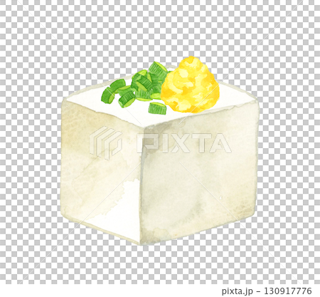 豆腐上撒上蔥花和薑末。手繪水彩畫，描繪日本料理。 130917776