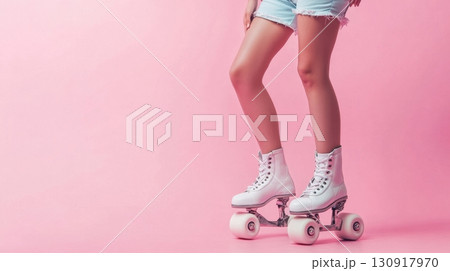 Roller Skating  White Boots on Pink. 130917970