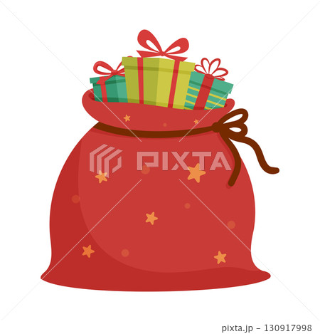 Red festive sack with ribbon-tied gift boxes and star decorations, Holiday giving and celebration 130917998