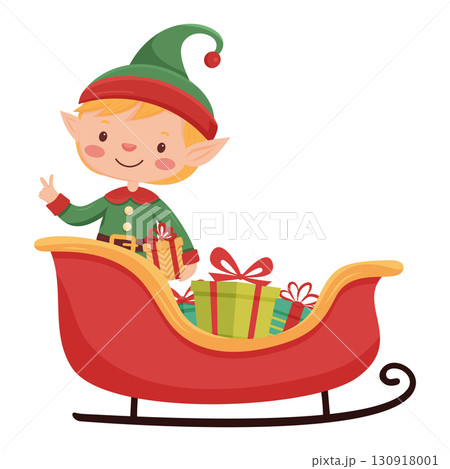 Christmas elf holding gifts with peace sign in sleigh full of gifts, celebration fun Christmas elf holding gifts with peace sign in sleigh full of gifts, celebration fun 130918001