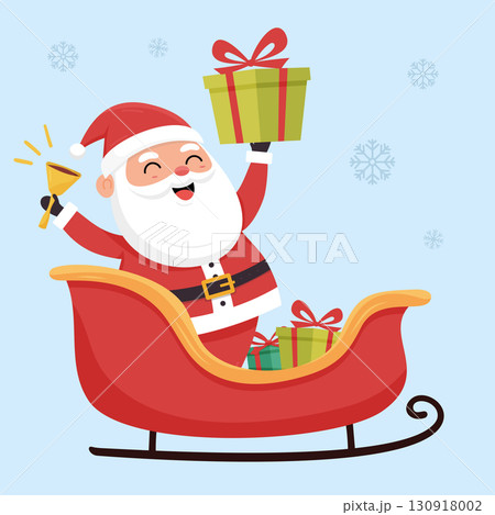Santa holding gift and bell while riding sleigh with presents. Christmas celebration Santa holding gift and bell while riding sleigh with presents. Christmas celebration 130918002