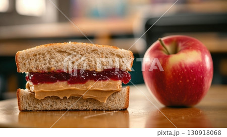 A Classic PBJ Sandwich and Apple. A Classic PBJ Sandwich and Apple. 130918068