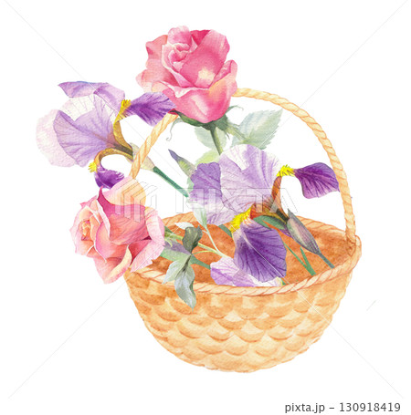 Watercolor straw basket and flowers. Watercolor irises and roses. For packaging design, cards, cover, prints, product labels and fabric. Watercolor straw basket and flowers. Watercolor irises and roses. For packaging design, cards, cover, prints, product labels and fabric. 130918419