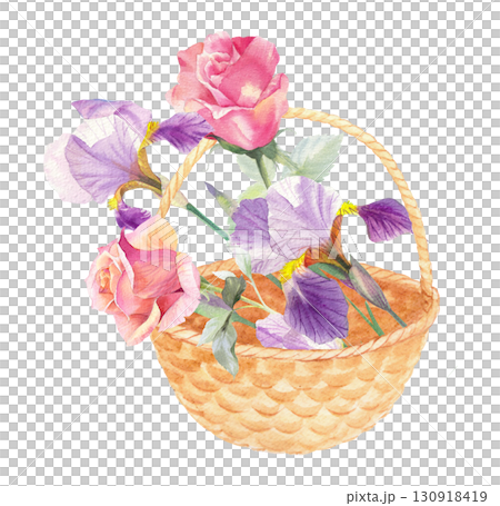 Watercolor straw basket and flowers. Watercolor irises and roses. For packaging design, cards, cover, prints, product labels and fabric.  130918419