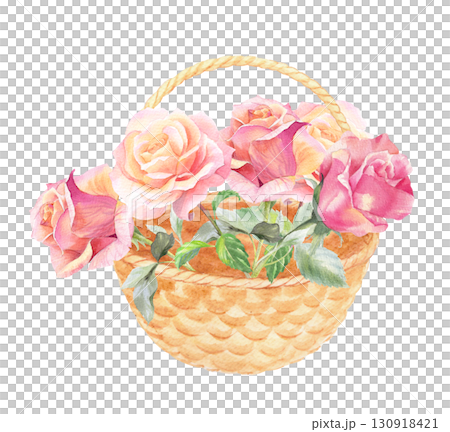 Roses in a basket. Watercolor hand drawn illustration. For packaging design, cards, cover, prints, product labels and fabric. Roses in a basket. Watercolor hand drawn illustration. For packaging design, cards, cover, prints, product labels and fabric. 130918421