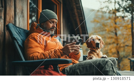 Man using phone outdoors with his dog. 130918571