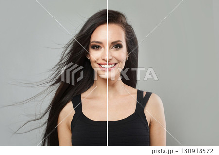 Brunette young model woman and mature woman. Two female faces collage set. Old and young face Brunette young model woman and mature woman. Two female faces collage set. Old and young face 130918572
