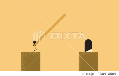 Minimal Stick Figure Artwork of a Man Trying to Cross a Cliff Using a Wooden Plank to a Door on the Next Cliff 130918609