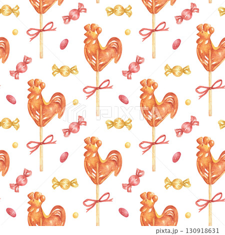 Seamless holiday pattern with watercolor sweets and lollipops. Traditional Russian treat, a lollipop rooster on a stick. Hand-drawn pattern of holiday sweets, caramel lollipops for prints, packaging. Seamless holiday pattern with watercolor sweets and lollipops. Traditional Russian treat, a lollipop rooster on a stick. Hand-drawn pattern of holiday sweets, caramel lollipops for prints, packaging. 130918631