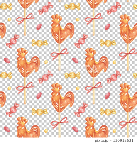 Seamless holiday pattern with watercolor sweets and lollipops. Traditional Russian treat, a lollipop rooster on a stick. Hand-drawn pattern of holiday sweets, caramel lollipops for prints, packaging. Seamless holiday pattern with watercolor sweets and lollipops. Traditional Russian treat, a lollipop rooster on a stick. Hand-drawn pattern of holiday sweets, caramel lollipops for prints, packaging. 130918631