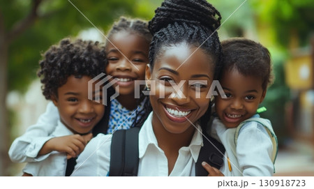 Happy mom with her three adorable children. 130918723