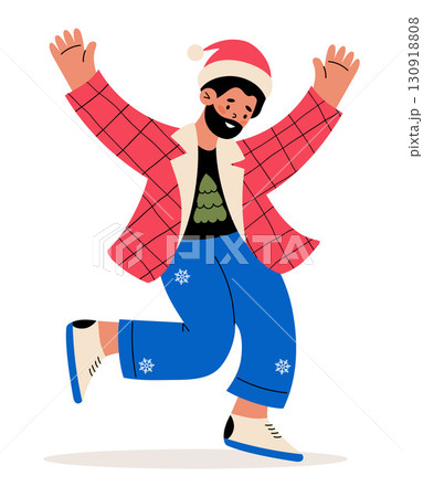 Christmas Happy Man in Santa Hat. New Year Joyful Male Character. Vector Illustration. Not AI Christmas Happy Man in Santa Hat. New Year Joyful Male Character. Vector Illustration. Not AI 130918808