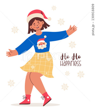 Happy Christmas Cute Woman in Santa Hat. New Year Girl In Xmas sweater with Santa Claus, holiday fun and party. Vector Illustration. Not AI 130918809