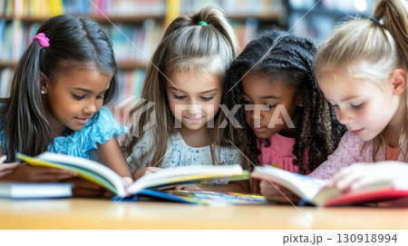 Girls engrossed in books at the library. 130918994