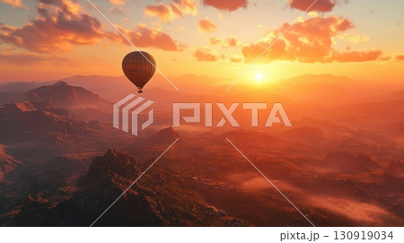 Hot Air Balloon Sunset Over Majestic Mountains. 130919034