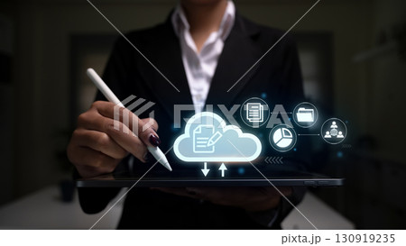 Cloud technology concept showing file management, analytics, and collaboration symbols 130919235