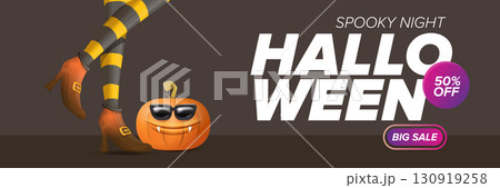 Halloween big sale cartoon banner with witch legs and funky pumpkin with sunglasses on grey floor background. Halloween sale funny poster design template Halloween big sale cartoon banner with witch legs and funky pumpkin with sunglasses on grey floor background. Halloween sale funny poster design template 130919258