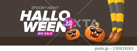 Halloween big sale banner with witch legs and funky pumpkin with sunglasses on grey floor background. Halloween sale poster design template Halloween big sale banner with witch legs and funky pumpkin with sunglasses on grey floor background. Halloween sale poster design template 130919263
