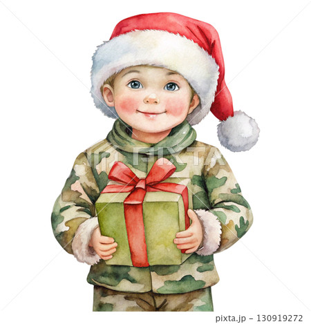 child wearing Santa outfit with camouflage-pattern hat, standing and holding a Christmas gift white background  130919272