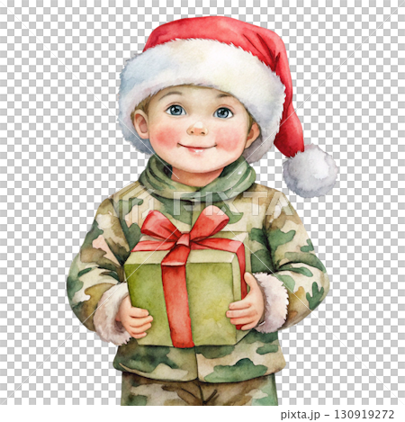 child wearing Santa outfit with camouflage-pattern hat, standing and holding a Christmas gift white background  130919272