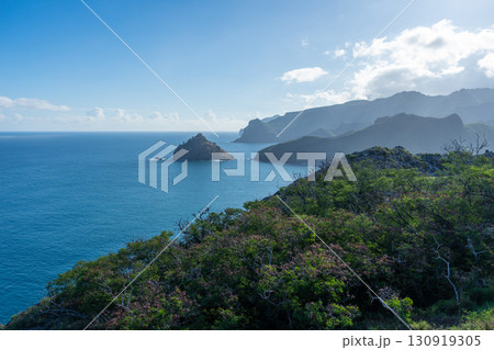 Cliffs and coastline of Taiohae Bay in Nuku Hiva, Marquesas Islands, French Polynesia 130919305
