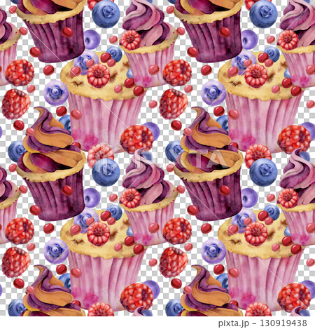 Homemade cupcake with berry bonbon candy topping, raspberry and blueberry custard cream on muffins hand drawn in watercolor. Isolated dessert illustration for seamless patterns, food blogs, packaging 130919438