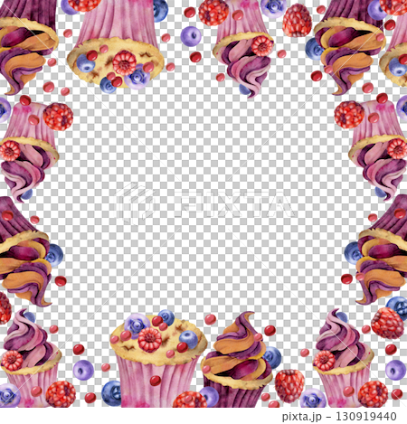 Cupcakes, muffins with berries on top, fresh bilberry, blueberry and raspberry with whipped cream, candy bonbons frosting. Hand painted isolated border illustration. Corner frames, festive cards. 130919440