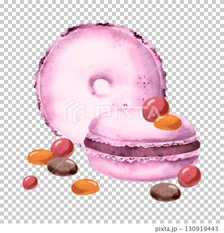 Sweet sugar dragee candies, whoopie pies and puffy macarons. Isolated hand painted watercolor illustration. Eco-packaging for artisanal dessert boutique, confectionery branding, promotional flyers. 130919443